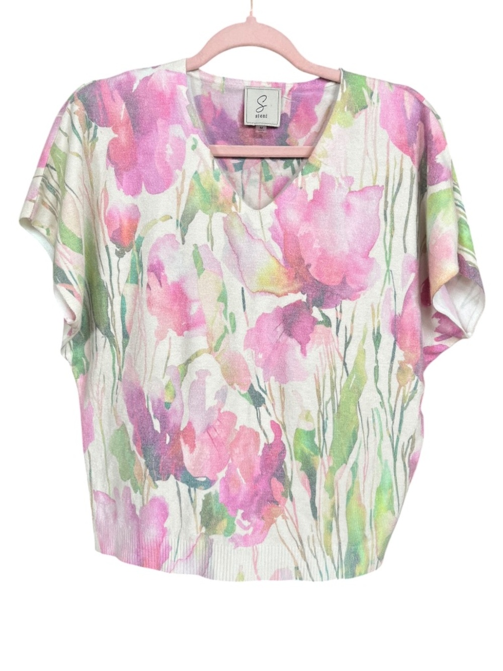 Sioni Pink Multi Floral Watercolor Short Sleeve V-Neck Sweater Top Size M